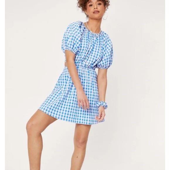 NASTYGAL Gingham Puff Sleeve Open Back Mini Dress Scrunchie Size US 6 NWT - Picture 1 of 10